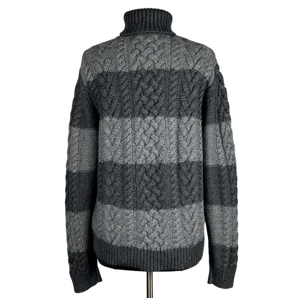 MICHAEL KORS LAMBSWOOL CONTRAST CABLEKNIT STRIPED CHUNKY KNIT TURTLENECK SWEATER